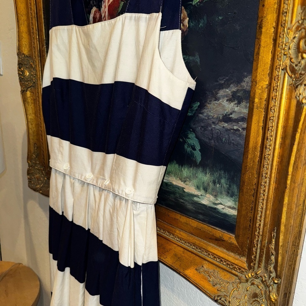 Lanz Originals USA VINTAGE Navy Striped Midi Dress Button Accents Size M - Picture 6 of 10